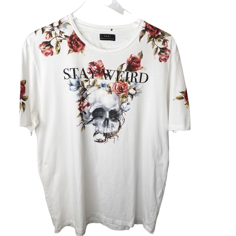 Zara White Tee with Floral Skull Graphic